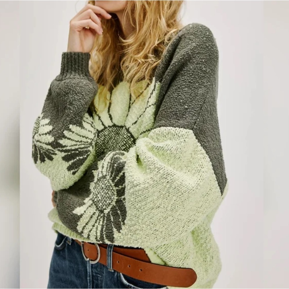 Free People Olive Green and Light Green Daisy Knit Crewneck Sweater - Picture 2 of 6